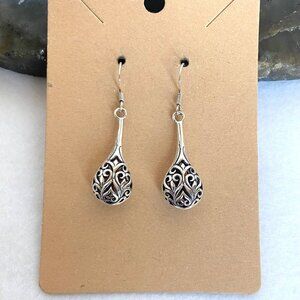 Sterling Silver 925 Hollow Pierced Filigree Scrollwork Teardrop Dangle Earrings